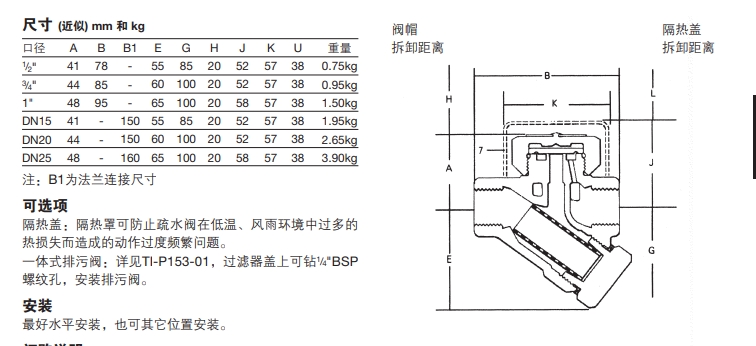 TD16和TD16F熱動(dòng)力蒸汽疏水閥尺寸/重量