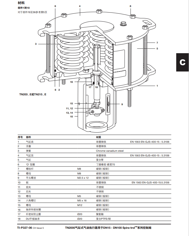 TN2000氣缸式氣動(dòng)執(zhí)行器零件材質(zhì)