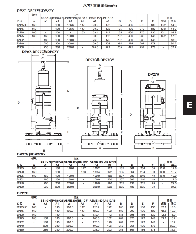 DP27，DP27E，DP27Y減壓閥尺寸，重量