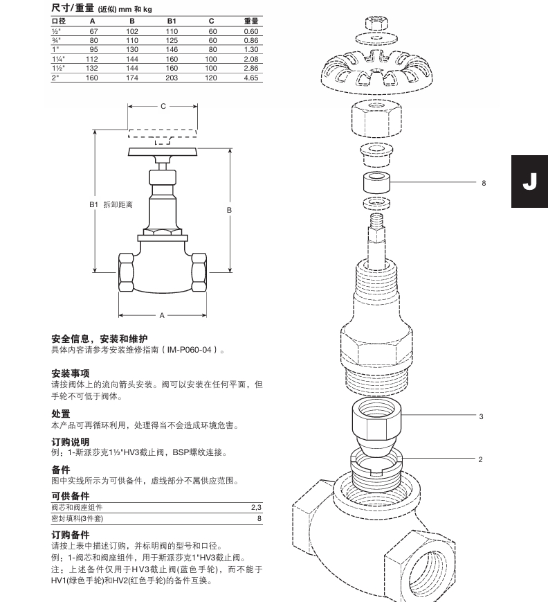 斯派莎克HV3截止閥尺寸重量